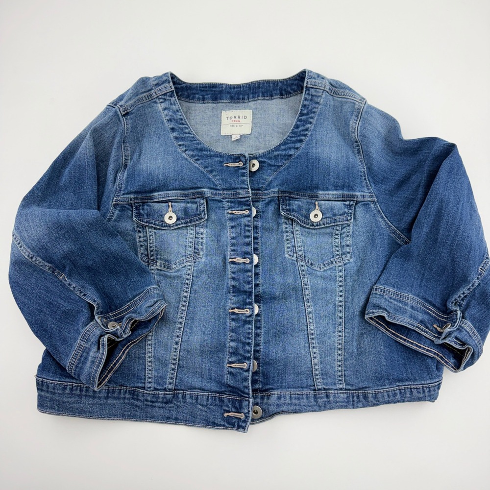 Torrid Denim First At Fit Blue Collarless Cropped Trucker Jacket Plus Size 4X